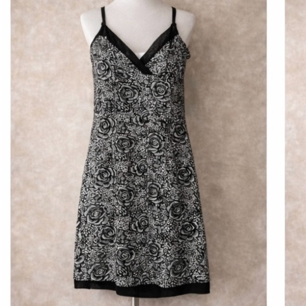Black & White Floral Slip Dress Satin Mini Y2K 90s Adjustable Strap Women’s S